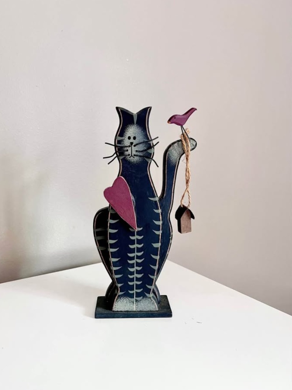Vintage Wooden Black Cat with Bird 90s Shelf Decor